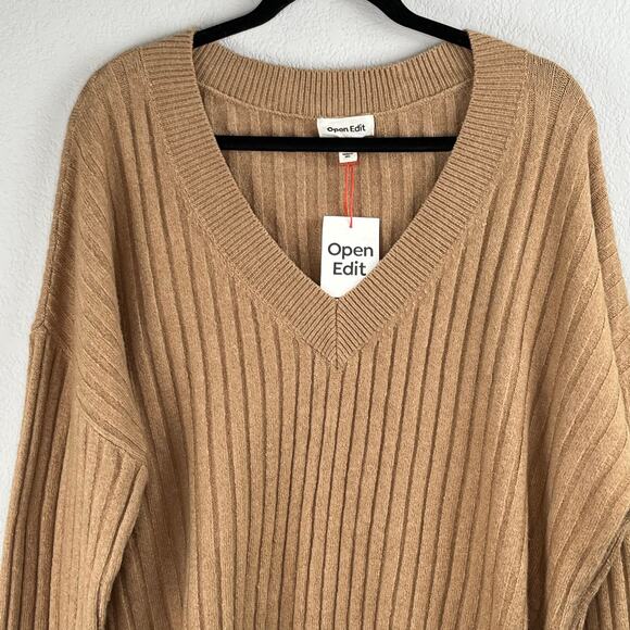 Open Edit Tan V-Neck Ribbed Knit Long Sleeve Drop Shoulder Pullover Sweater XL - Picture 5 of 13